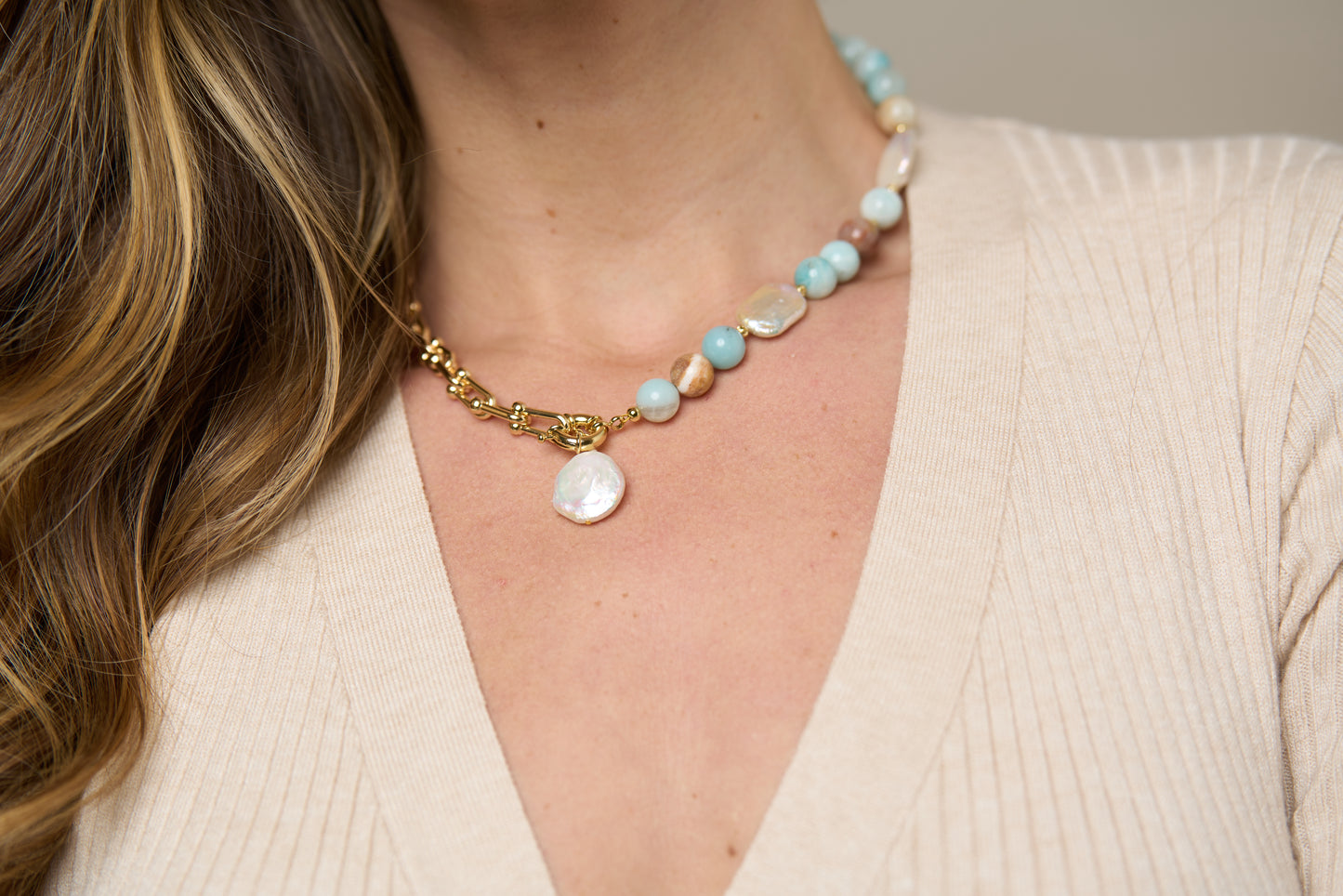 Clara chunky gold fill chain & amazonite necklace with cultured freshwater pearl drop