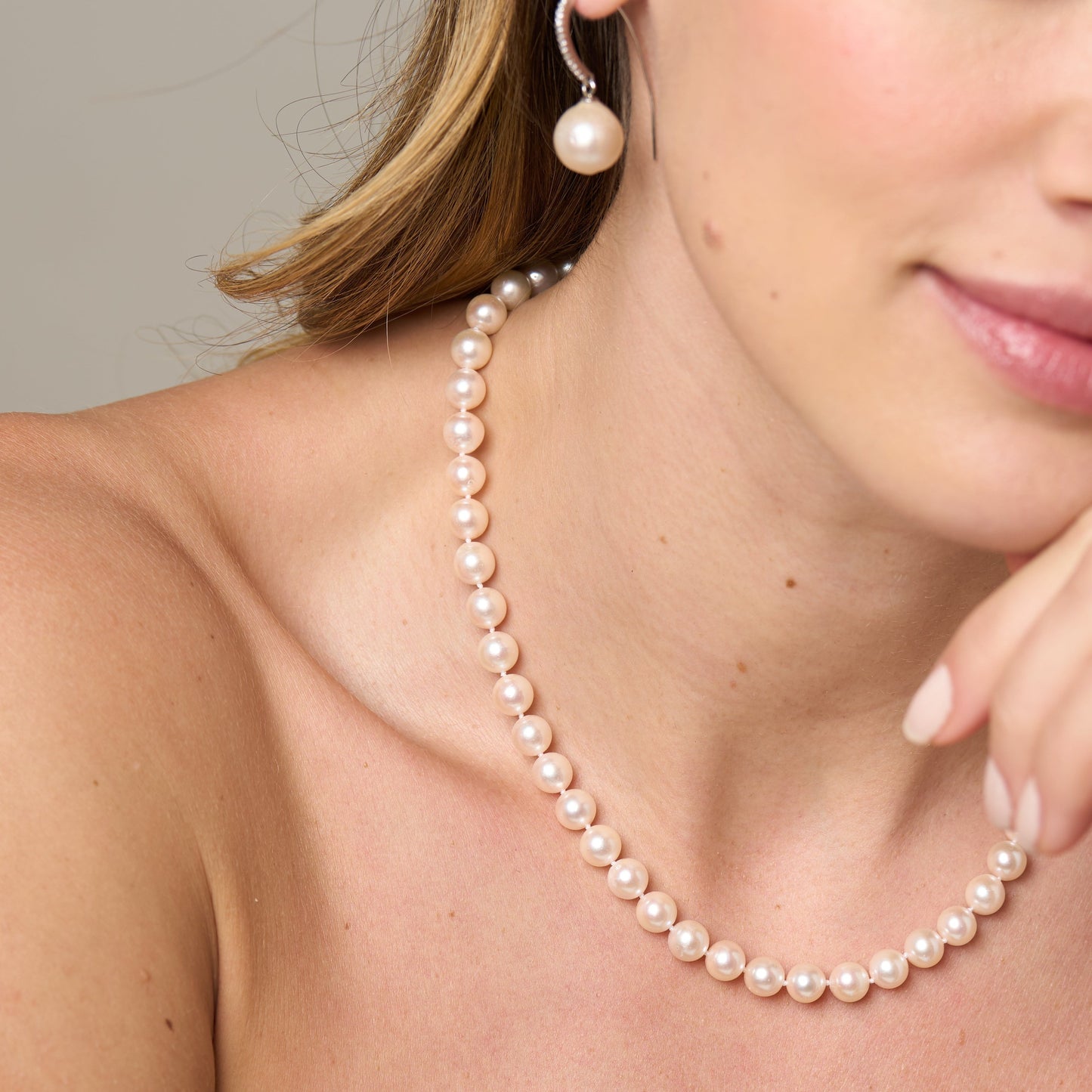 Gratia 7mm almost round cultured akoya pearl necklace on silver plate push button clasp