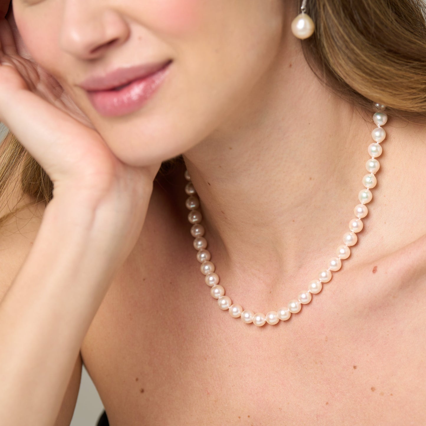 Gratia 7mm almost round cultured akoya pearl necklace on silver plate push button clasp