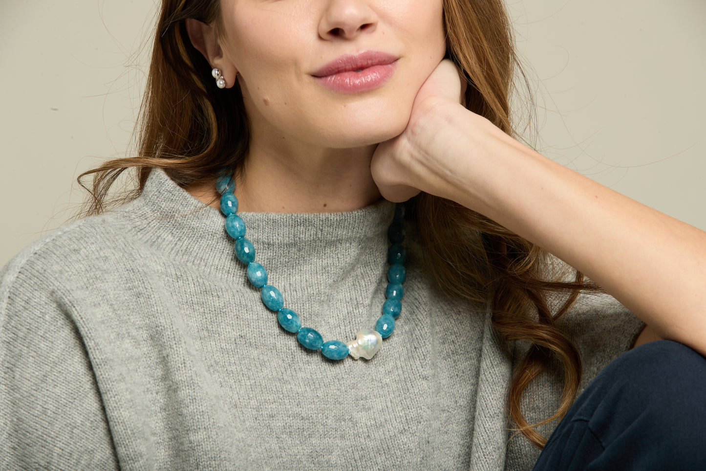 Clara chunky faceted aquamarine necklace with central cultured freshwater pearl