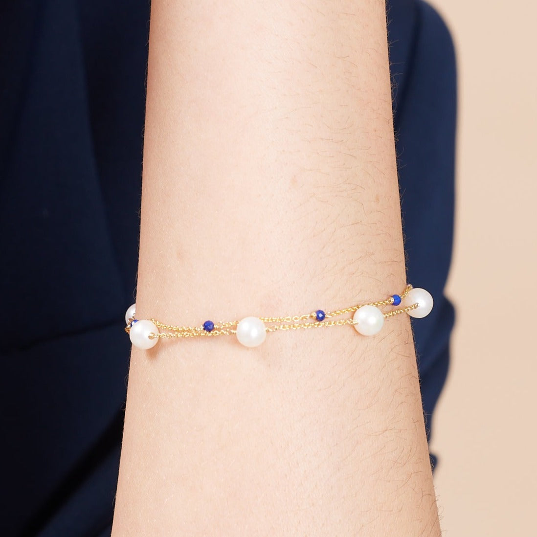 Credo fine double chain bracelet with cultured freshwater pearls & lapis lazuli