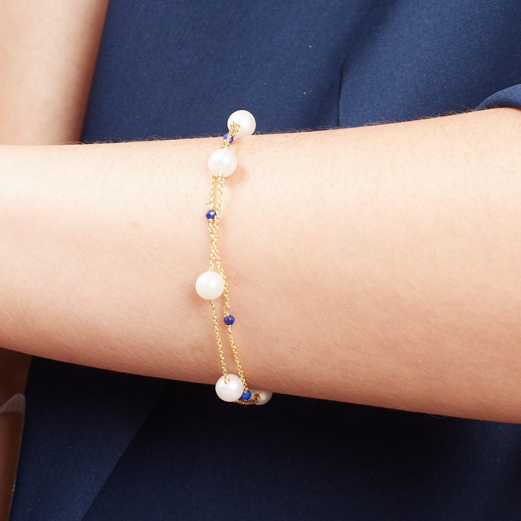 Credo fine double chain bracelet with cultured freshwater pearls & lapis lazuli