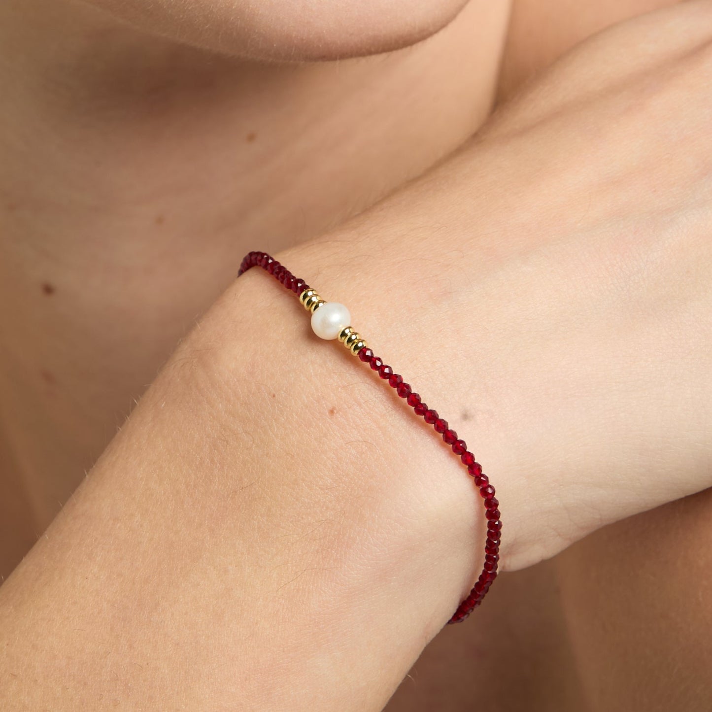 Clara fine red spinel bracelet with central cultured freshwater pearl