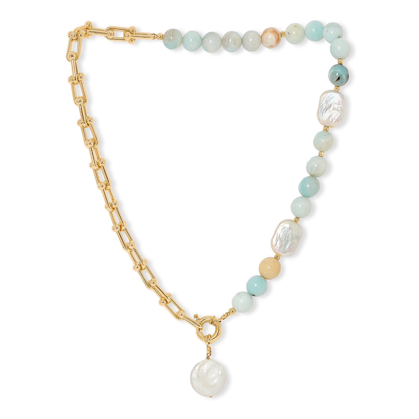 Clara chunky gold chain & amazonite necklace with cultured freshwater pearl drop