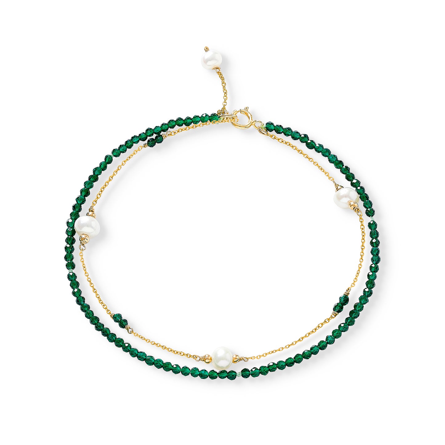 Clara fine double chain bracelet with cultured freshwater pearls & emerald green crystals