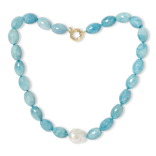 Clara chunky faceted aquamarine necklace with central cultured freshwater pearl