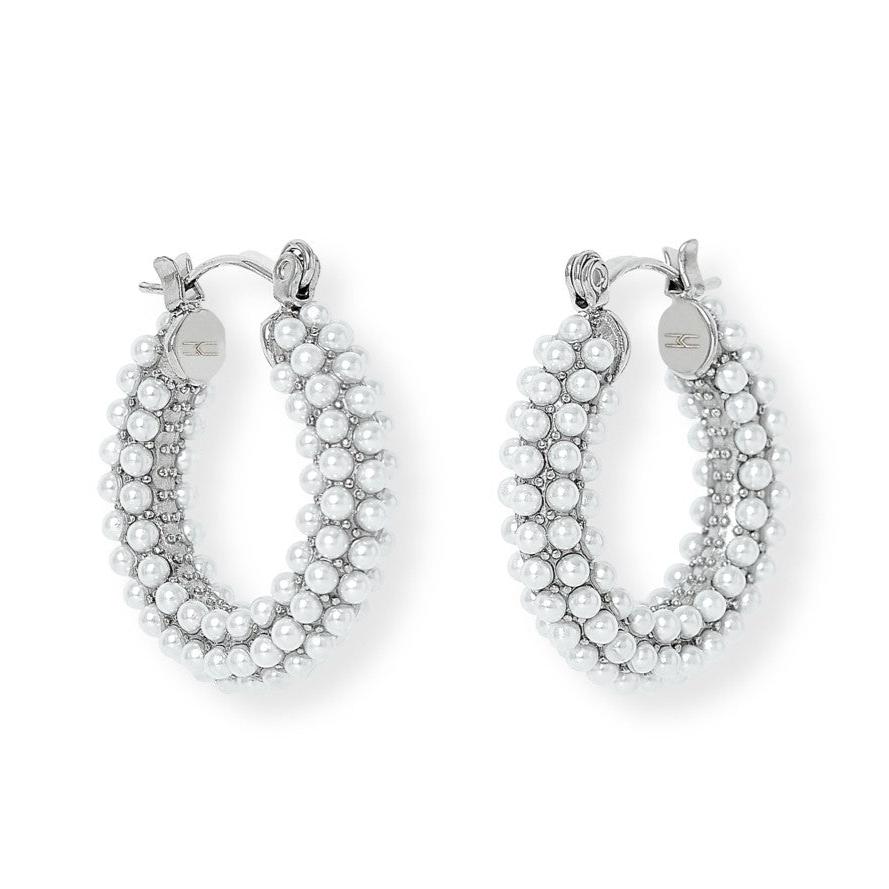 Credo Chunky Sterling Silver Hoop Earrings with Small Mother of Pearl Beads