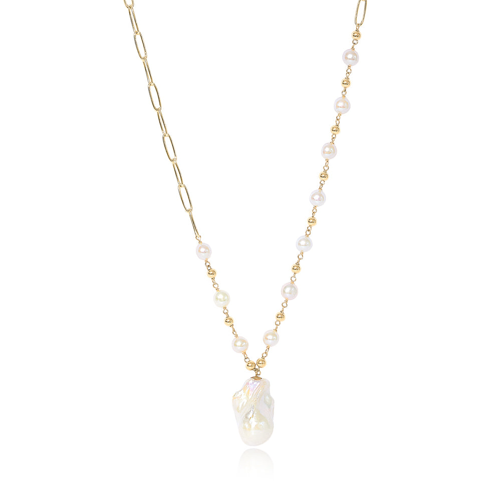 Decus large baroque 'fireball' cultured freshwater pearl drop on long gold chain