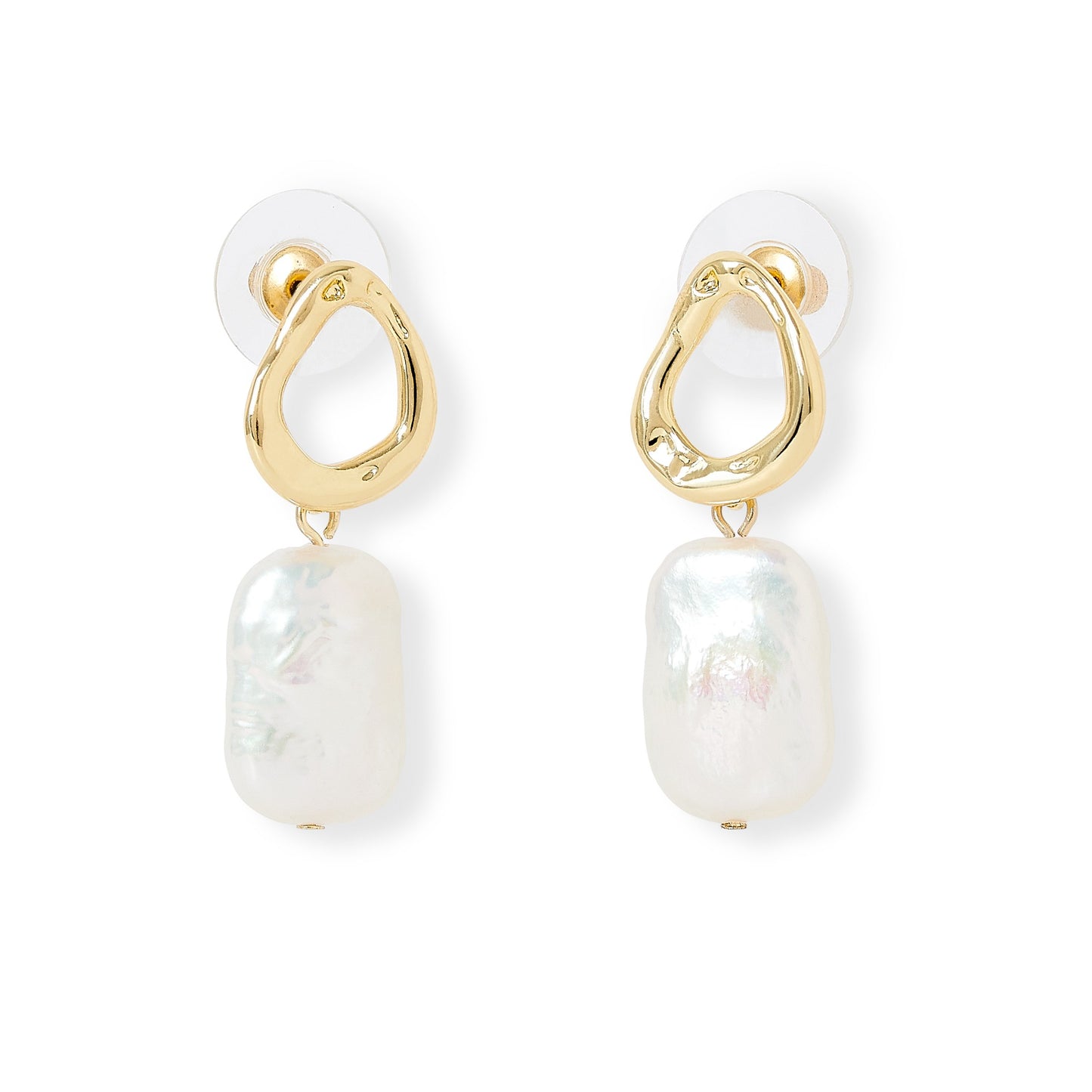 Decus gold plate hollow earrings with oblong cultured freshwater pearl