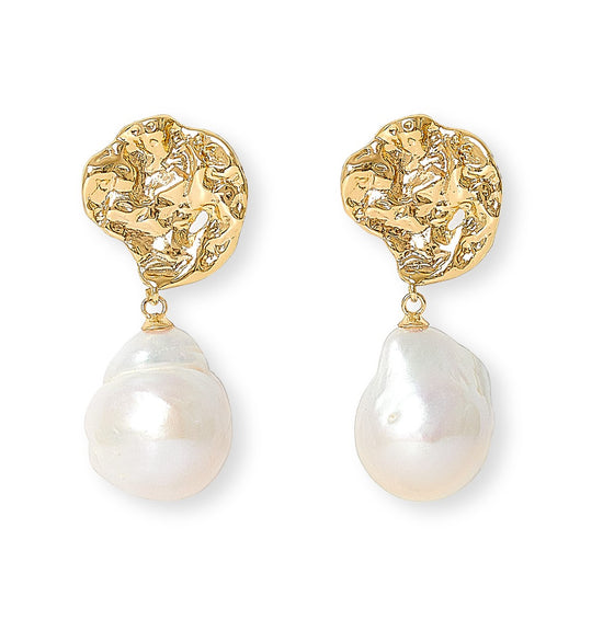 Decus molten gold stud earrings with large baroque cultured freshwater pearl drop earrings