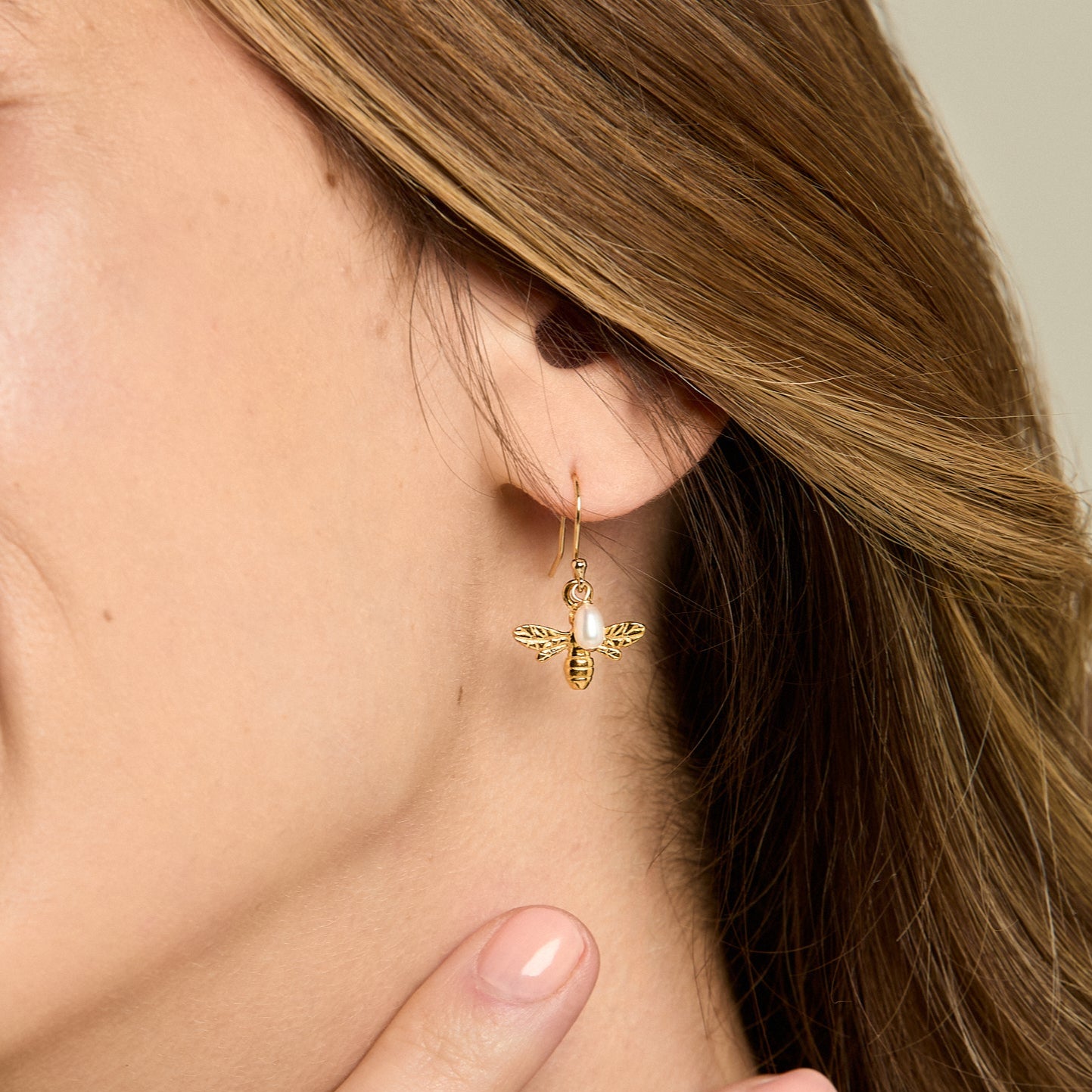 Vita Gold Bumble Bee & Cultured Freshwater Pearl Drop Earrings