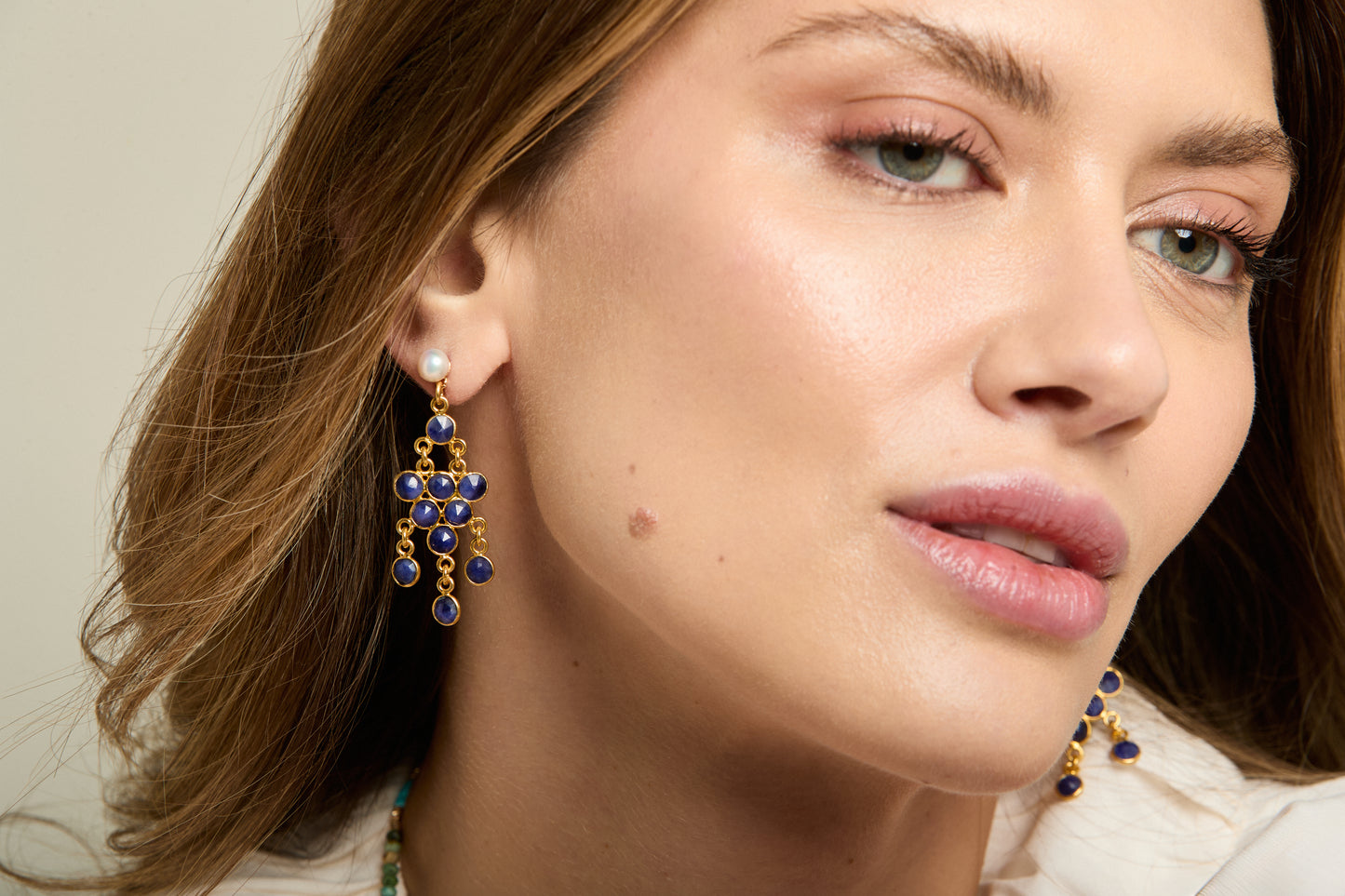 Clara cultured freshwater pearl earrings & sapphire chandelier earrings