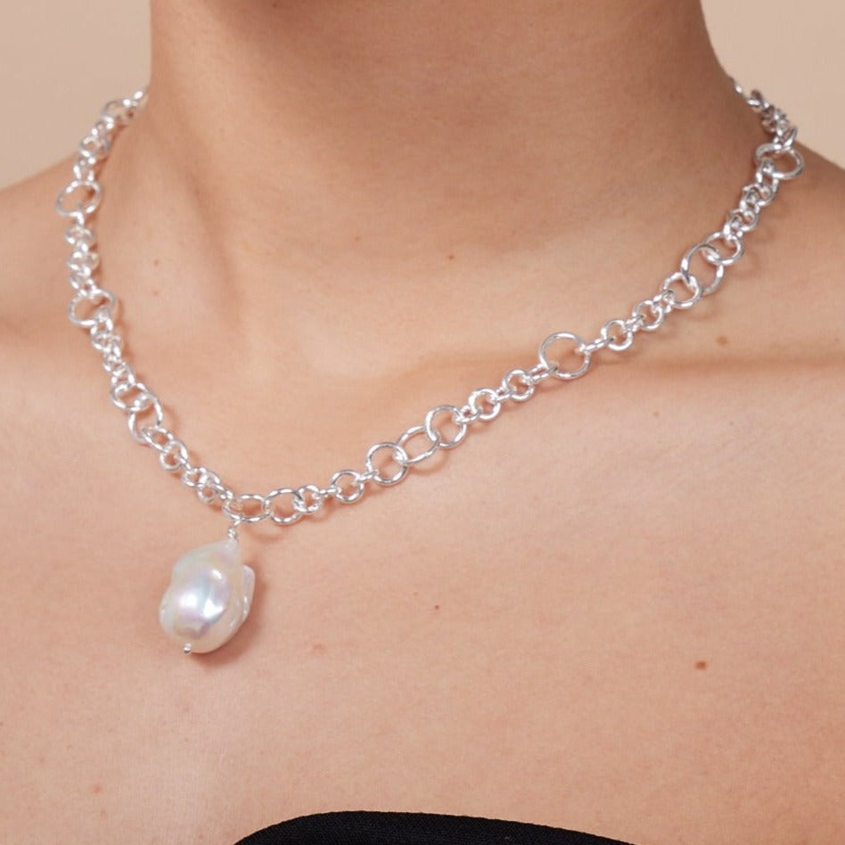 Decus large baroque 'fireball' cultured freshwater pearl drop on chunky silver chain