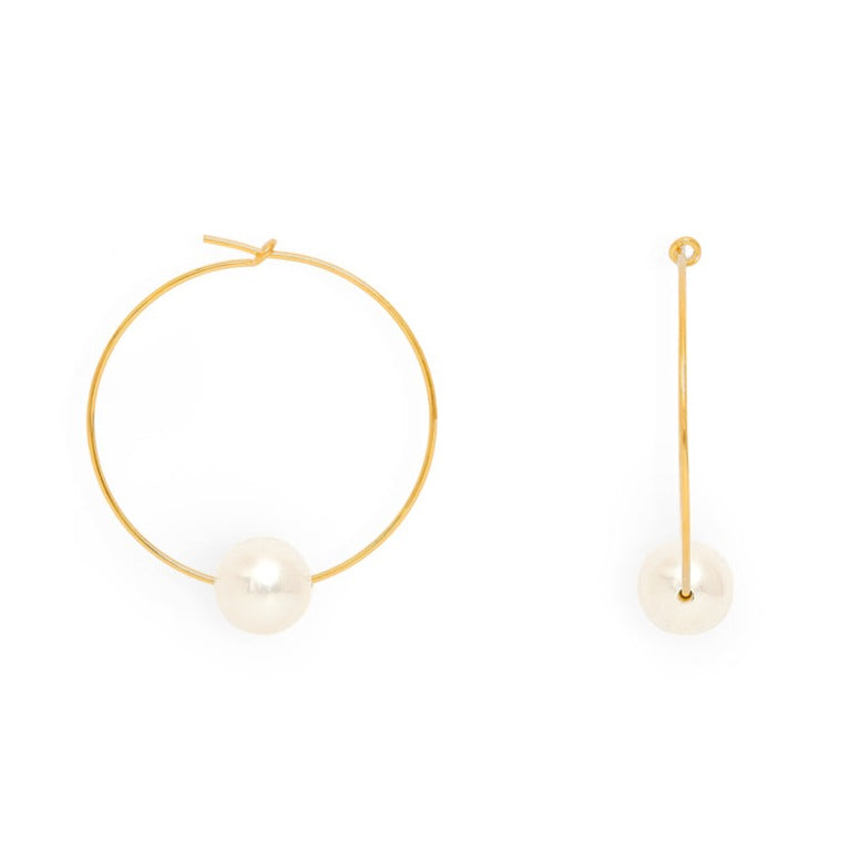 Gratia large gold plate hoop earrings with almost round cultured freshwater pearls