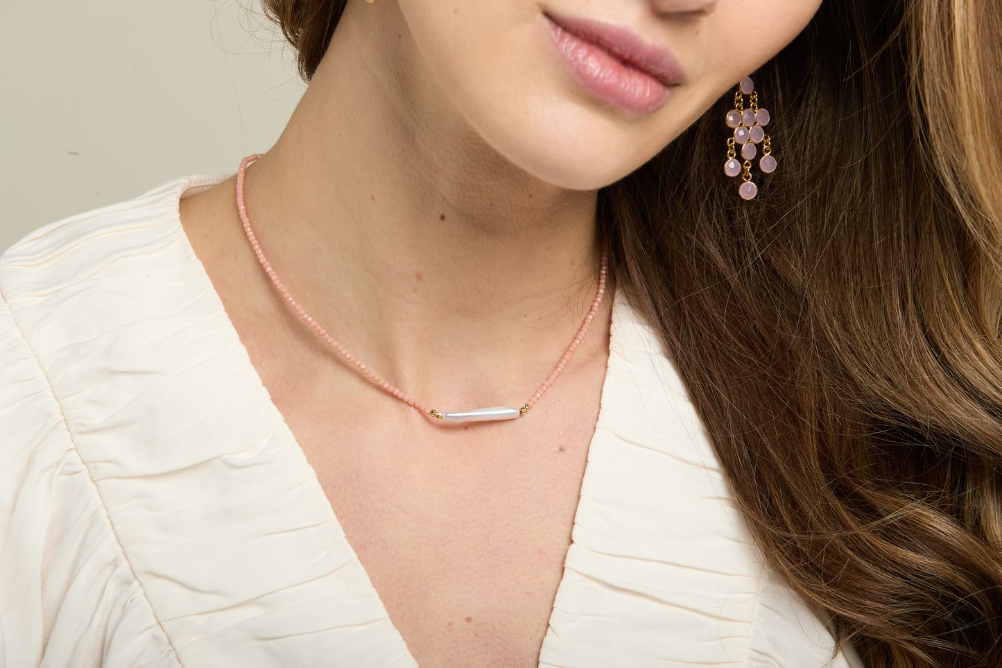Nova fine necklace with coral pink spinel & 'stick' cultured freshwater pearl