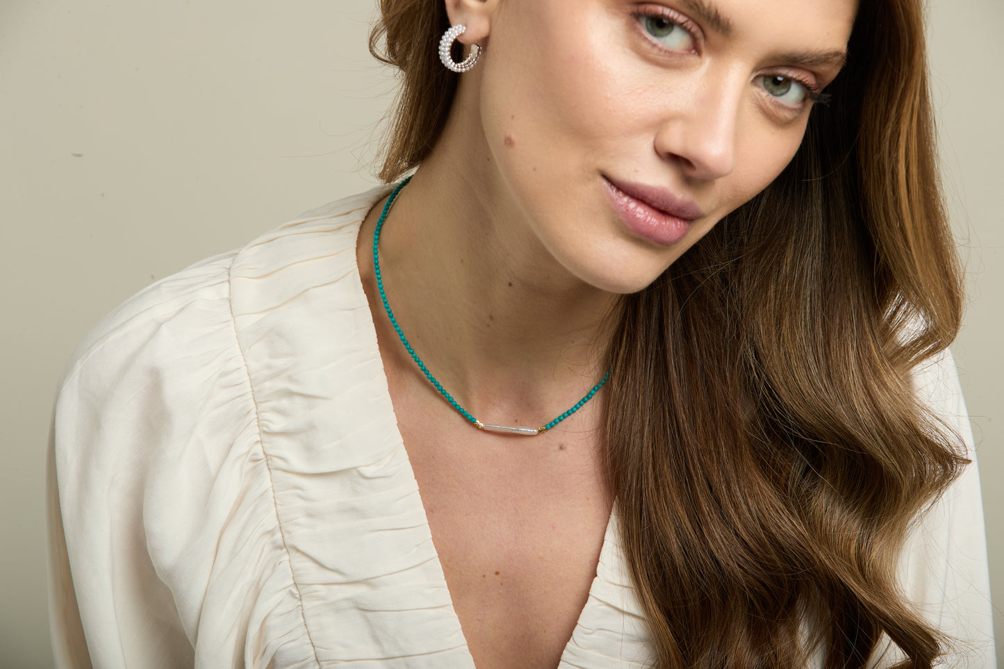 Nova fine necklace with dyed turquoise & 'stick' cultured freshwater pearl