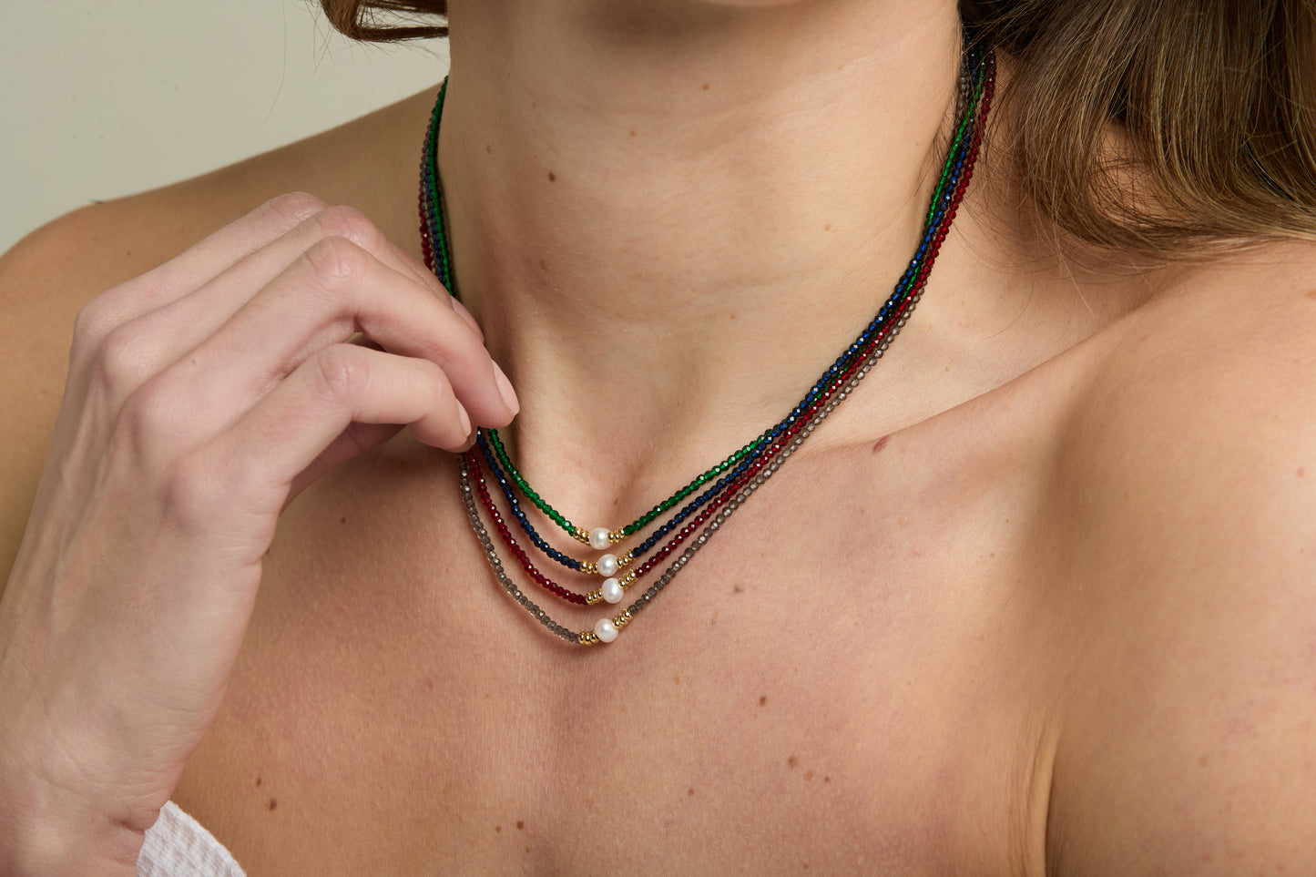 Clara fine green spinel necklace with central cultured freshwater pearl