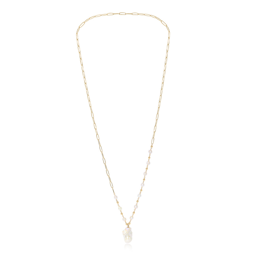 Decus large baroque 'fireball' cultured freshwater pearl drop on long gold chain
