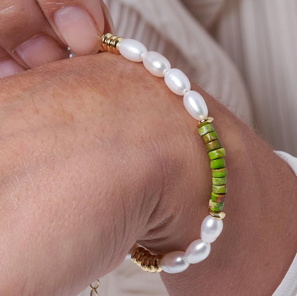 Nova oval cultured freshwater pearl bracelet with green jasper & gold beads