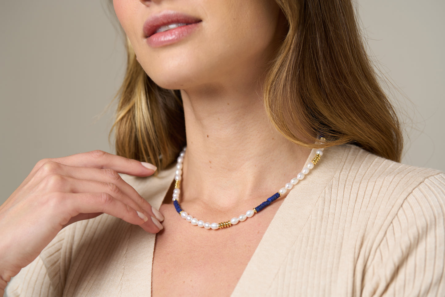 Nova oval cultured freshwater pearl necklace with lapis & gold beads