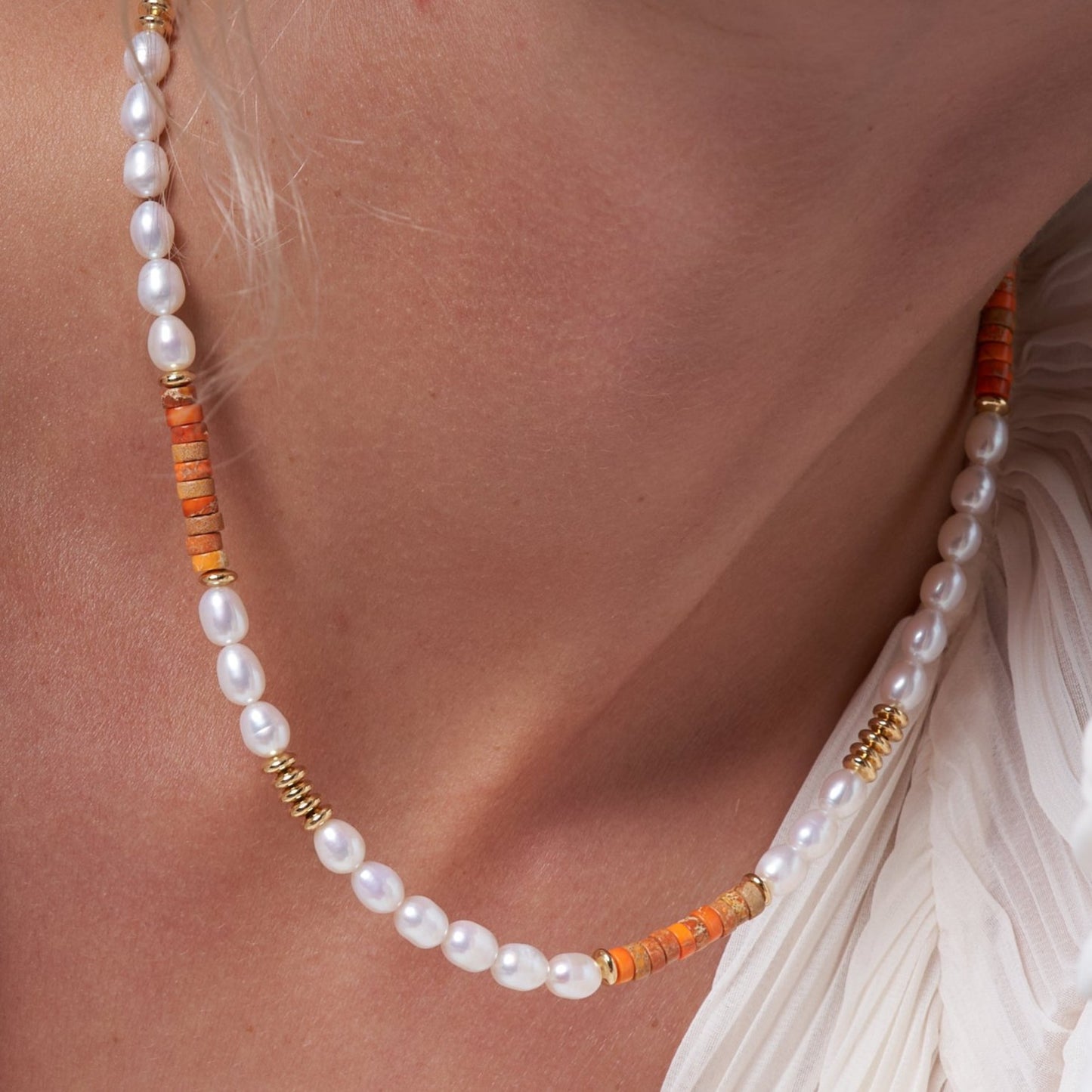 Nova oval cultured freshwater pearl necklace with orange jasper & gold beads