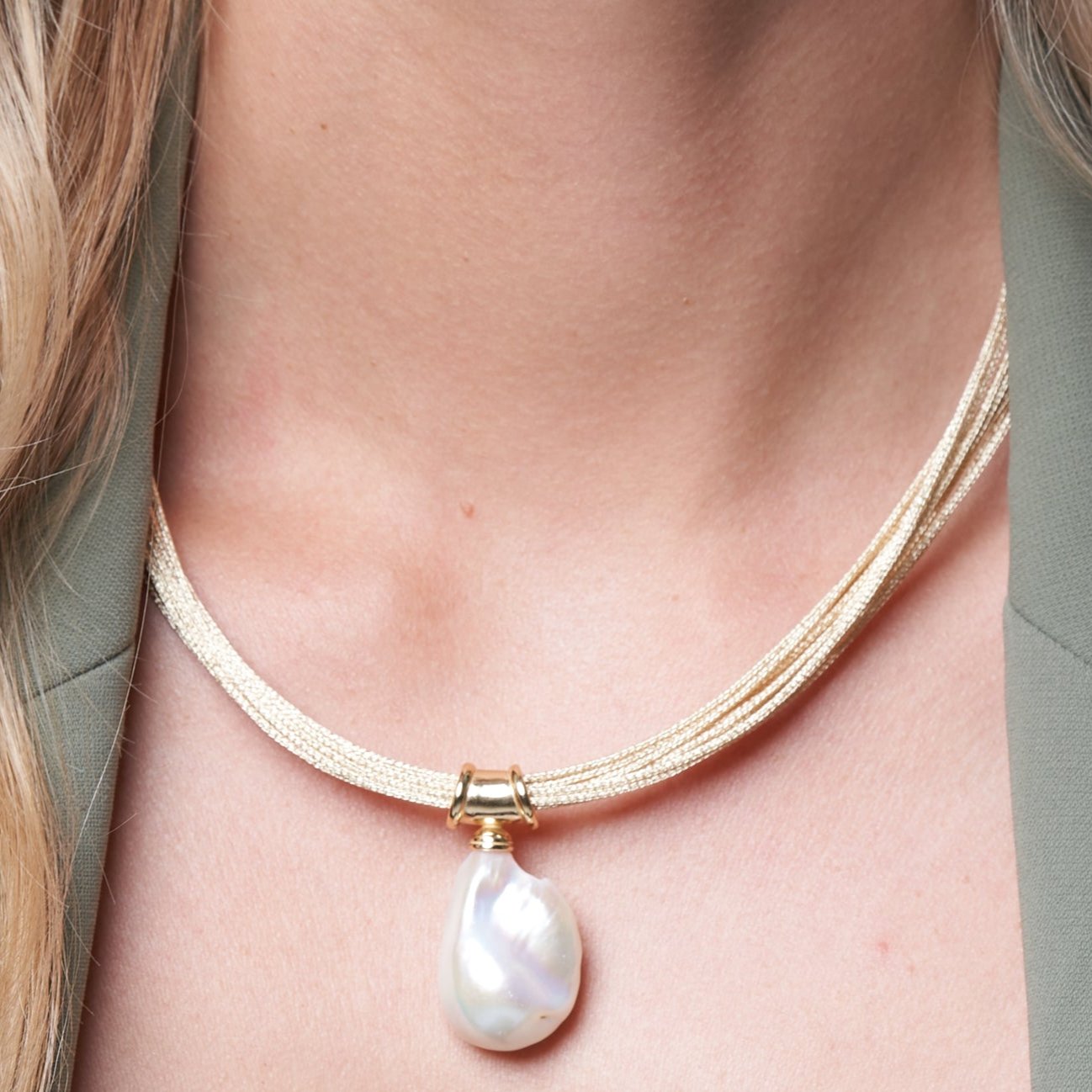 Decus large baroque 'fireball' cultured freshwater pearl drop on multi-strand gold necklace