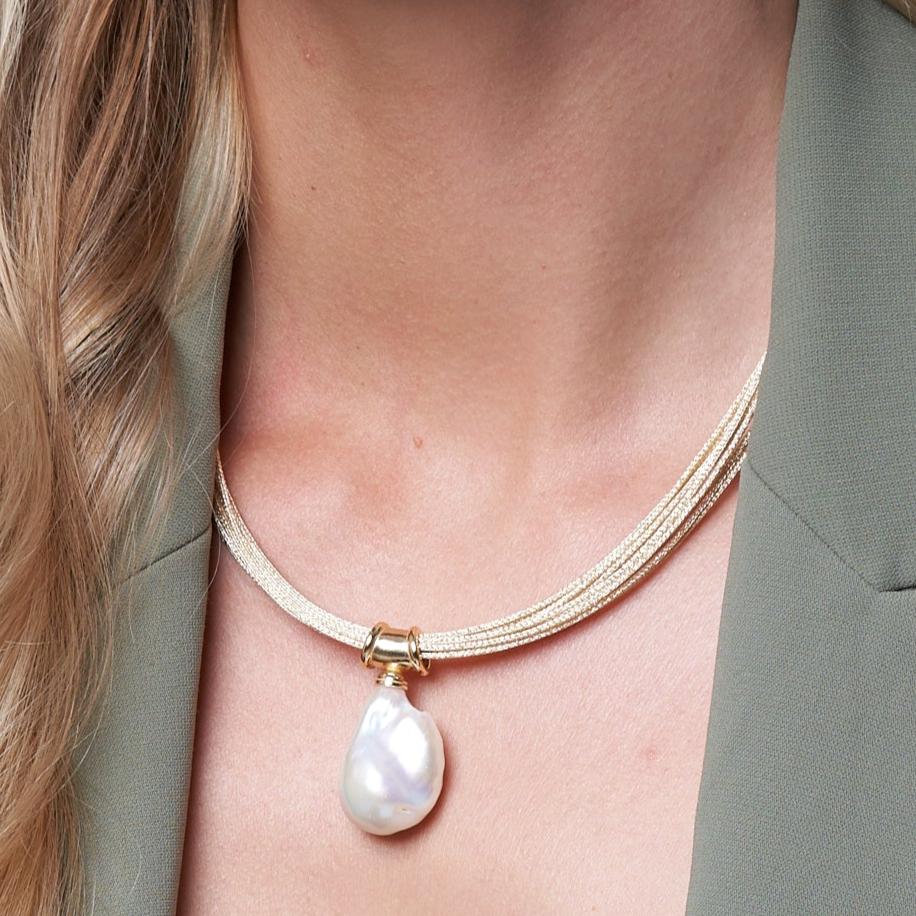 Decus large baroque 'fireball' cultured freshwater pearl drop on multi-strand gold necklace