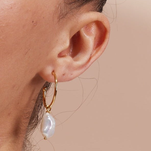 Decus Large Gold Vermeil Hoop Earrings with Baroque Cultured Freshwater Pearl Drops