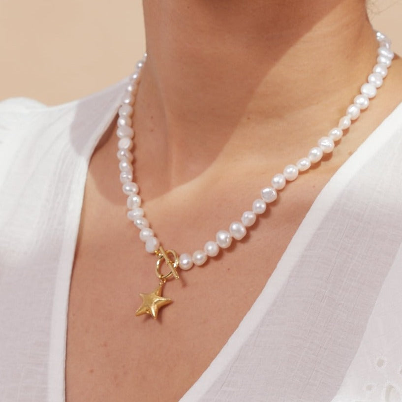 Stella cultured freshwater irregular pearl necklace with a gold-plated star charm