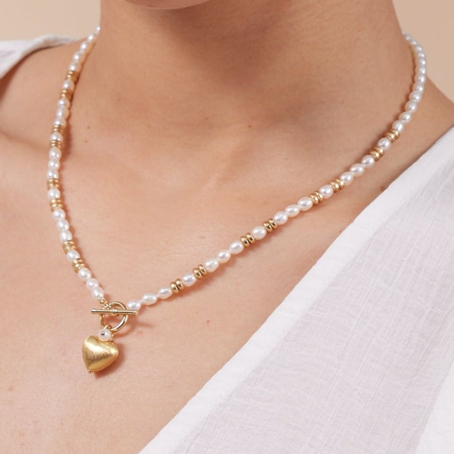 Amare white cultured freshwater pearl necklace with gold vermeil heart & gold hematite beads
