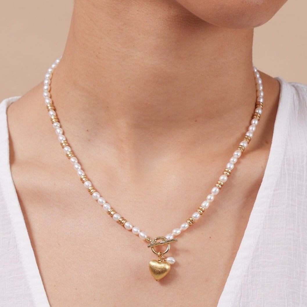 Amare white cultured freshwater pearl necklace with gold vermeil heart & gold hematite beads