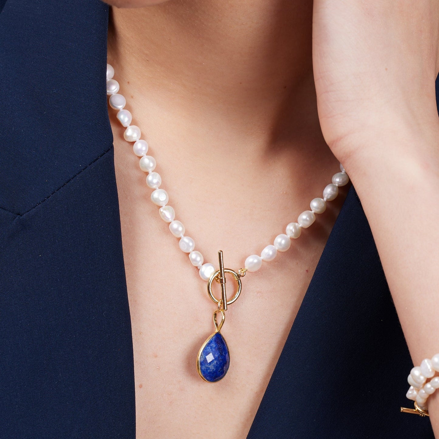Clara cultured freshwater pearl necklace with lapis lazuli gold vermeil drop