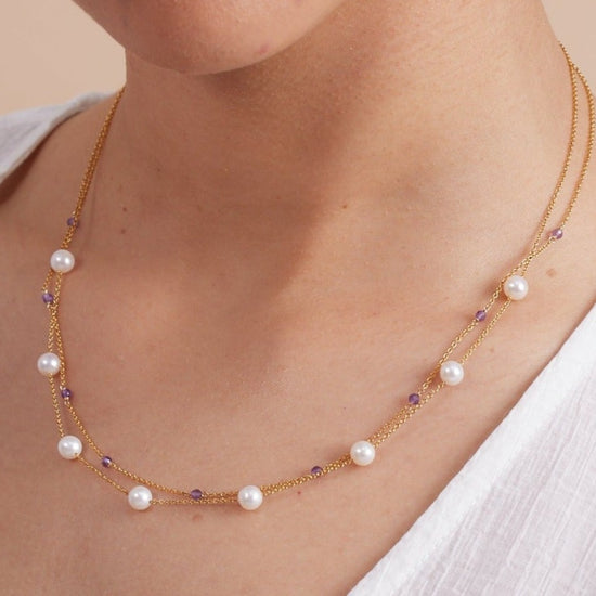 Credo fine double chain necklace with cultured freshwater pearls & amethyst