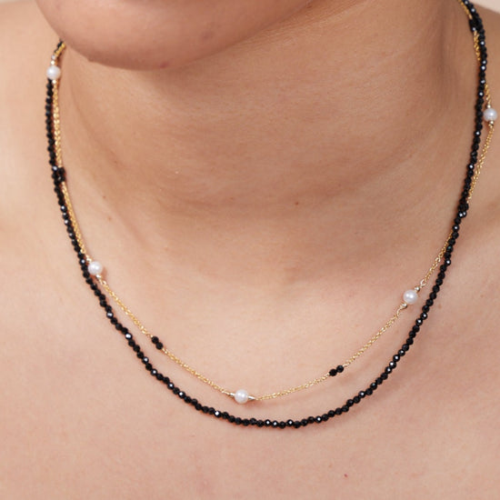 Clara fine double chain set with faceted black spinel & cultured freshwater pearls