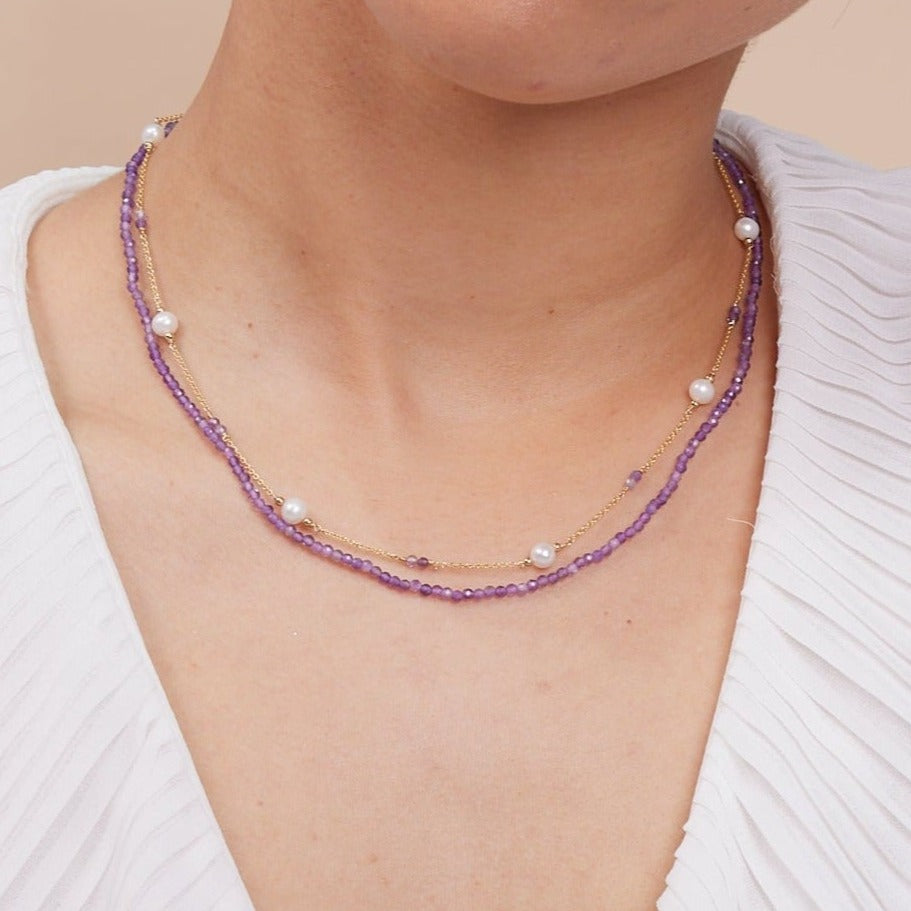 Clara fine double chain set with faceted amethyst & cultured freshwater pearls