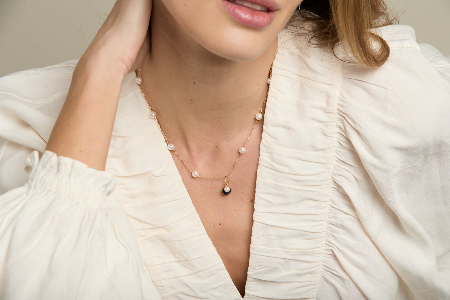 Nova fine chain necklace with cultured freshwater pearls & lapis lazuli drop