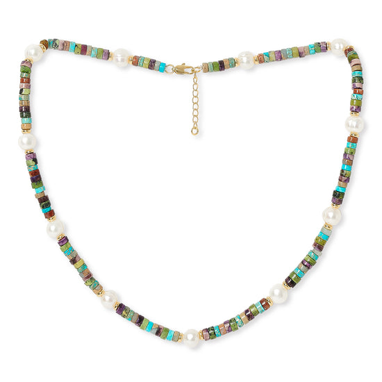 Nova oval cultured freshwater pearl necklace with blue mix jasper & gold beads