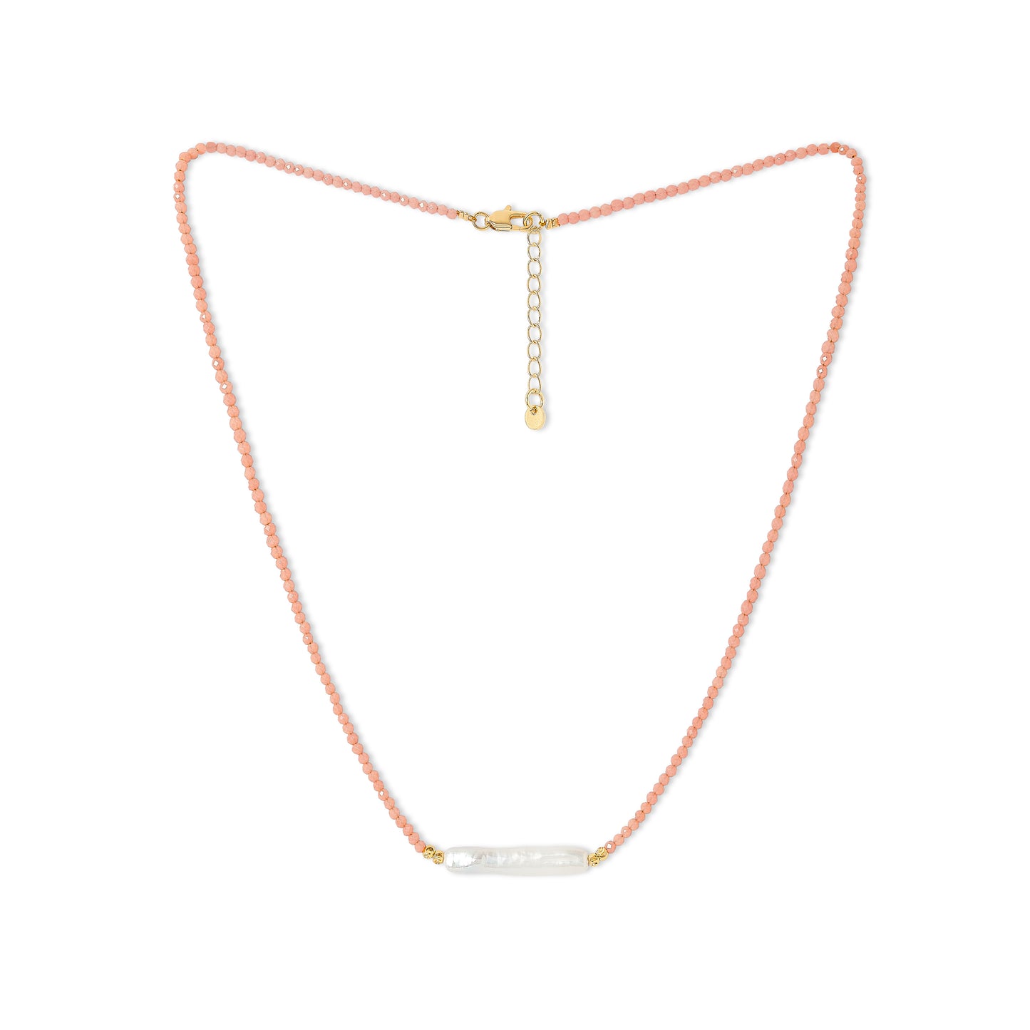 Nova fine necklace with coral pink spinel & 'stick' cultured freshwater pearl