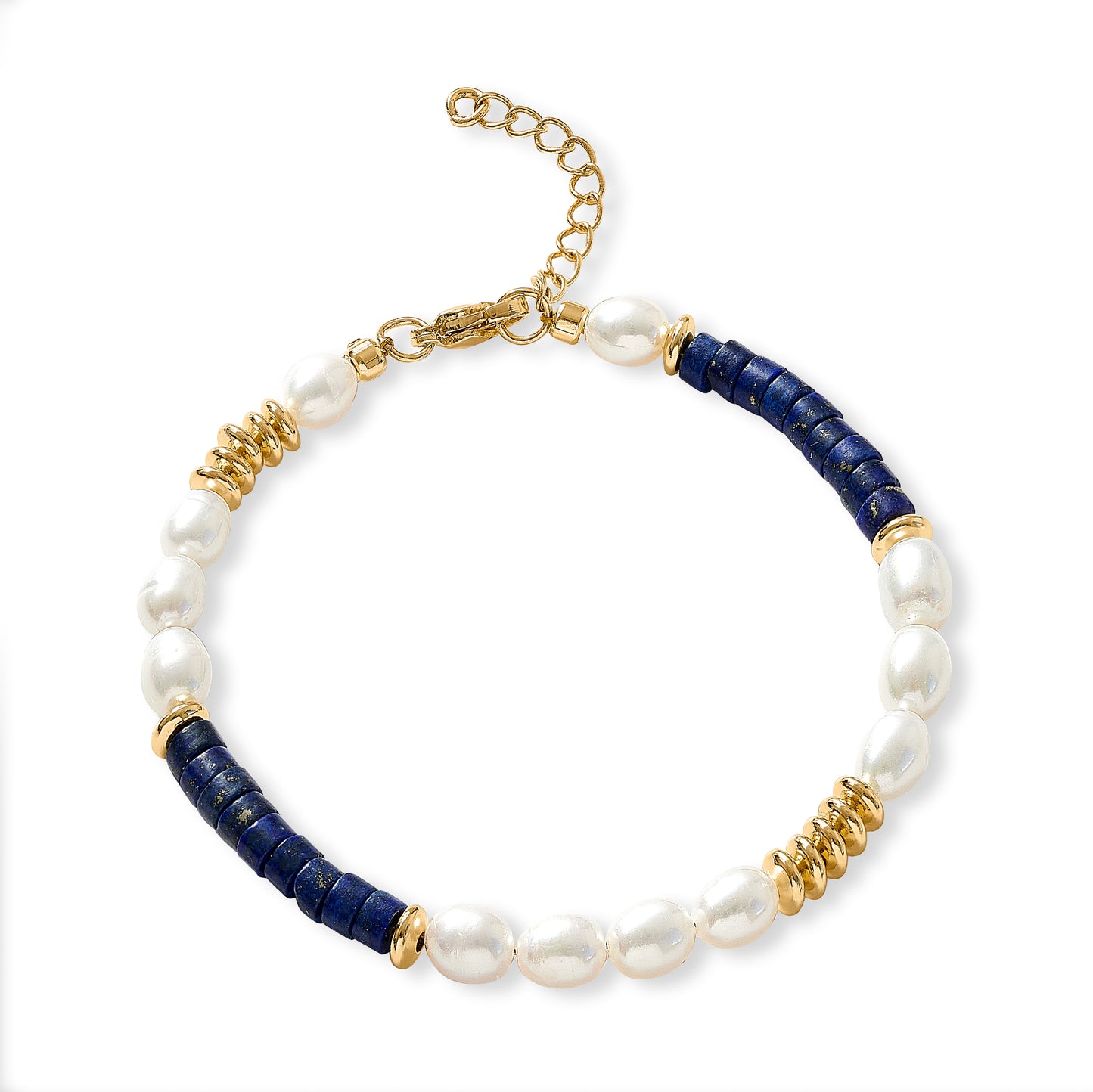 Nova oval cultured freshwater pearl bracelet with lapis & gold beads