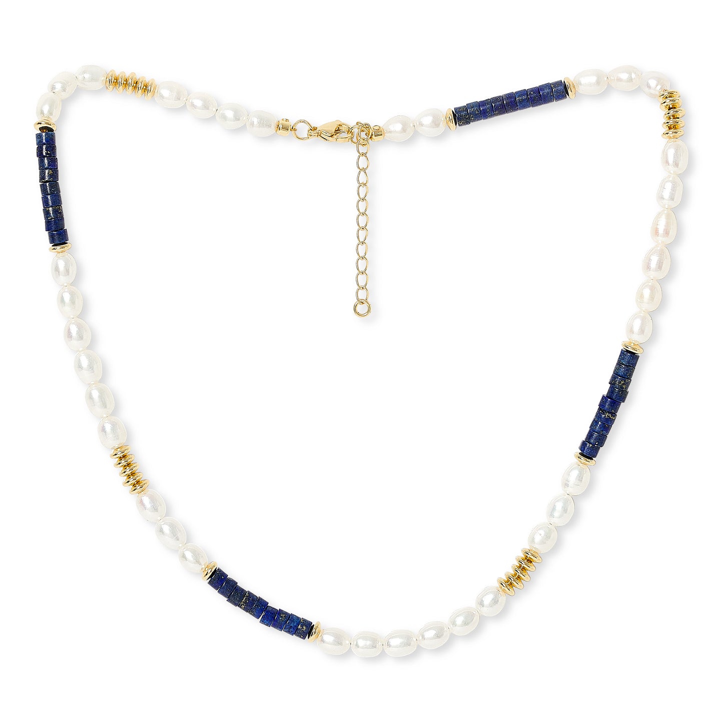 Nova oval cultured freshwater pearl necklace with lapis & gold beads