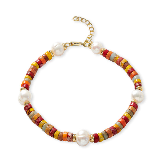 Nova oval cultured freshwater pearl bracelet with orange mix jasper & gold beads