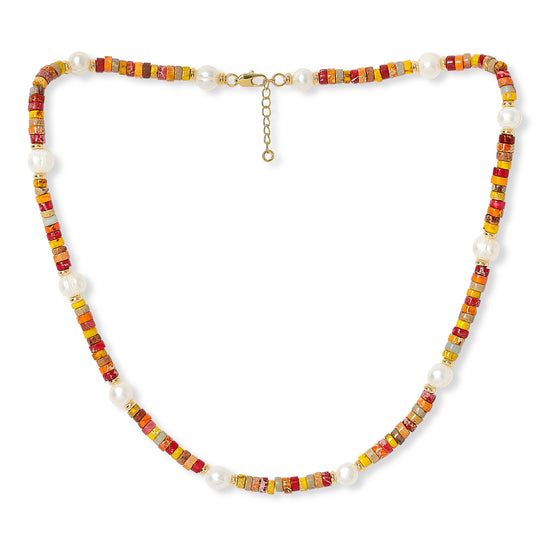Nova oval cultured freshwater pearl necklace with orange mix jasper & gold beads