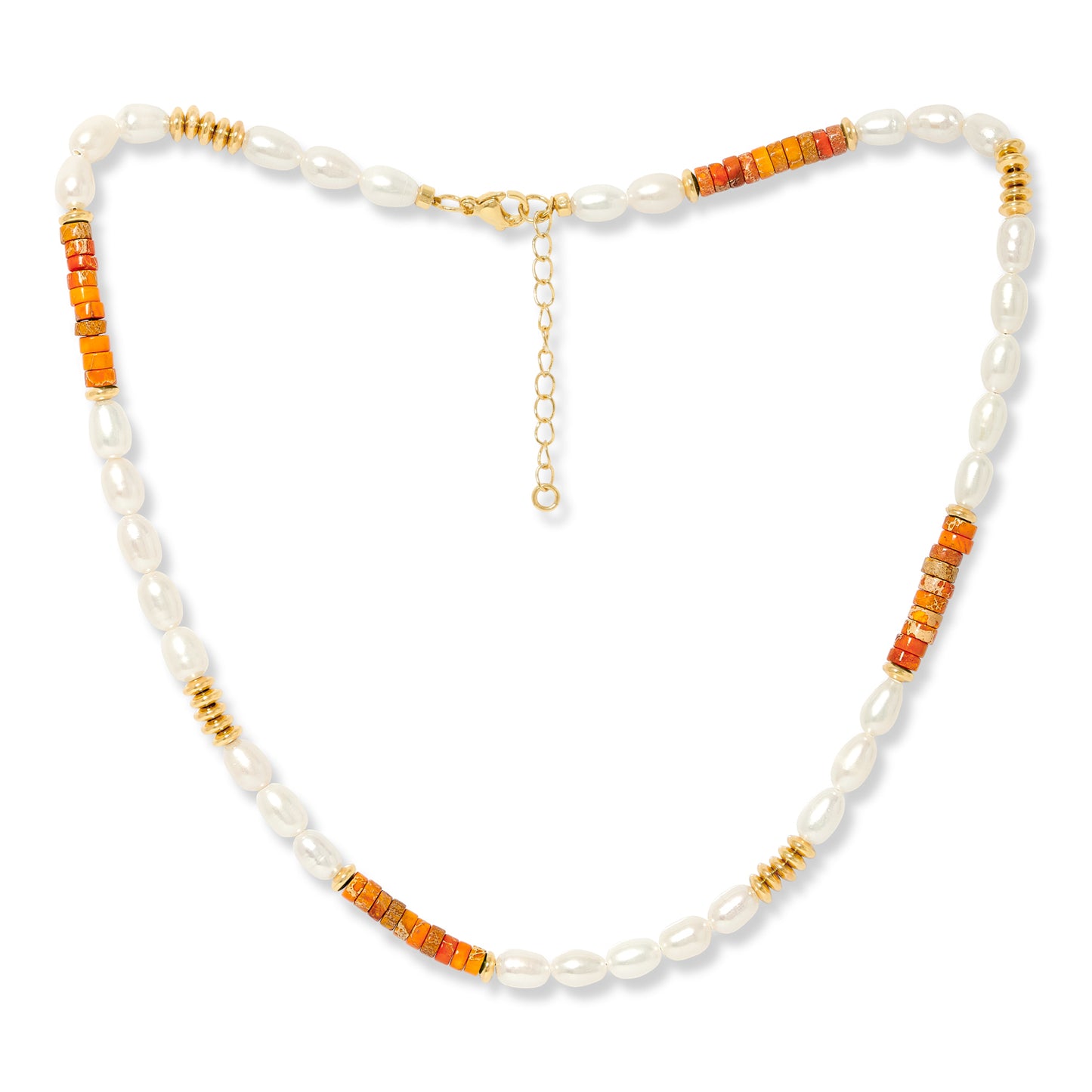 Nova oval cultured freshwater pearl necklace with orange jasper & gold beads