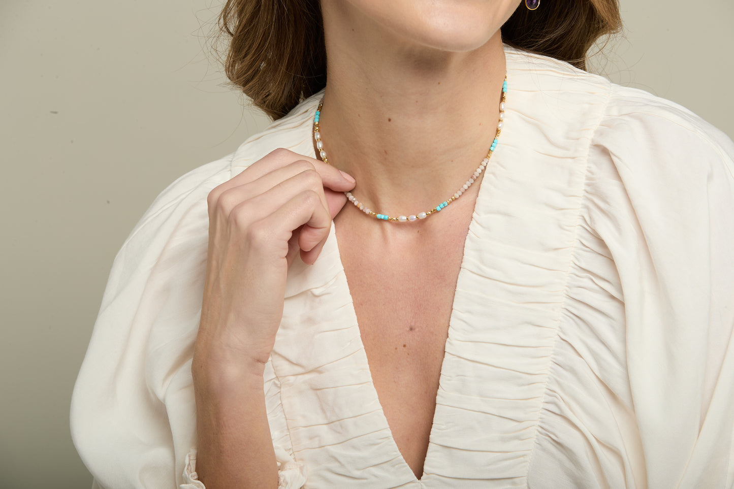 Clara fine necklace with dyed turquoise, pink quartz & cultured freshwater pearls