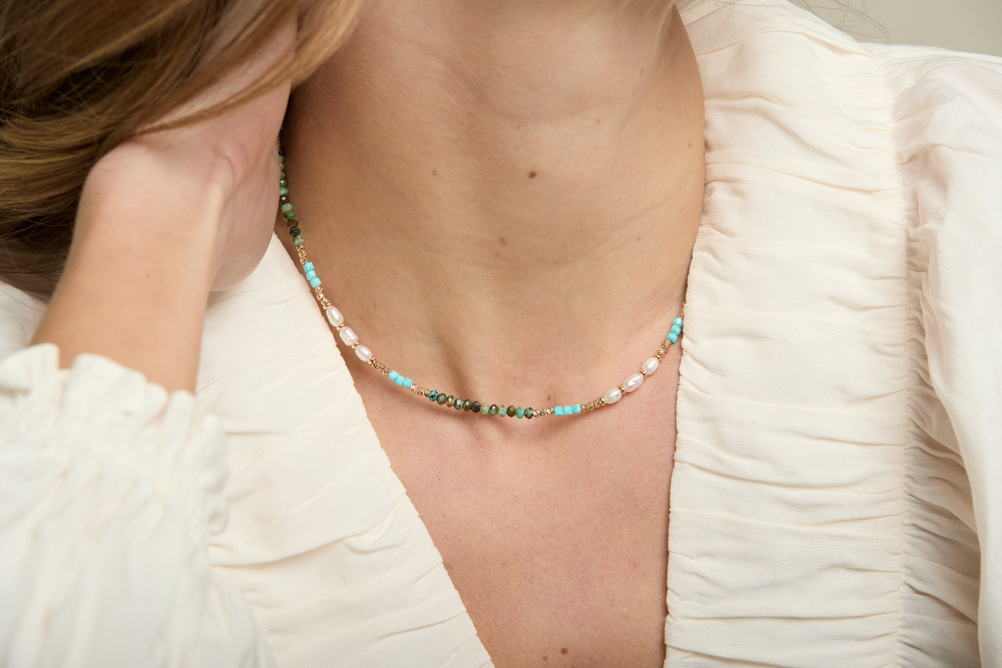 Clara fine necklace with dyed turquoise, prenite & cultured freshwater pearls