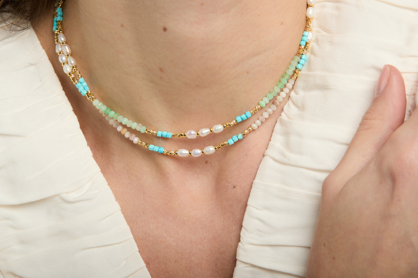 Clara fine necklace with dyed turquoise, pink quartz & cultured freshwater pearls