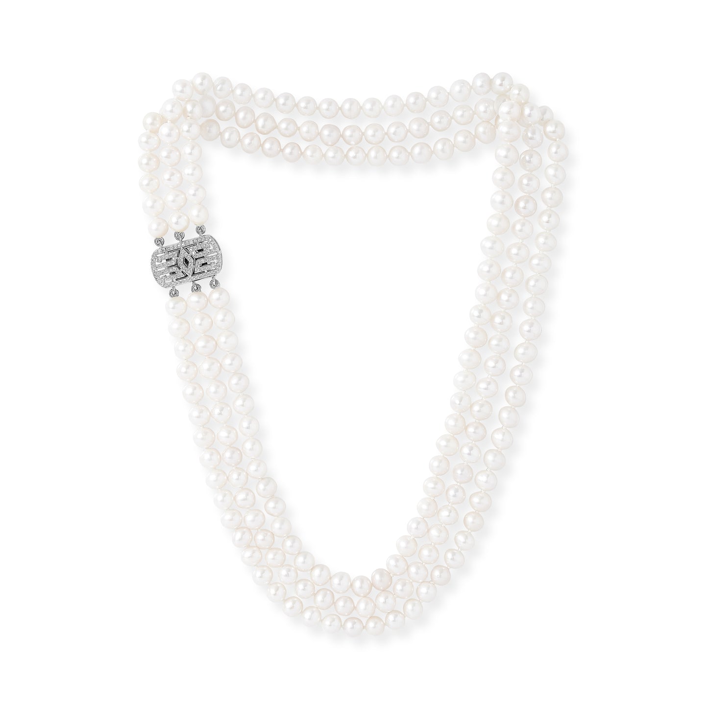 Stella triple strand cultured freshwater pearl necklace with art deco style pave clasp