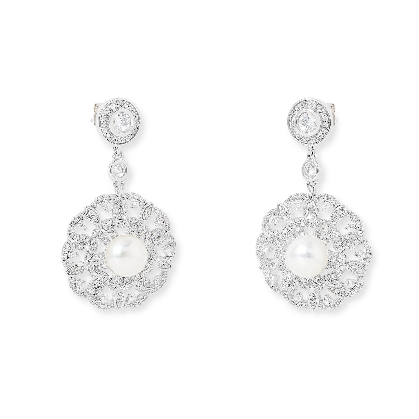 Stella Vintage Style Pave Floral Earrings With Cultured Freshwater Pearls