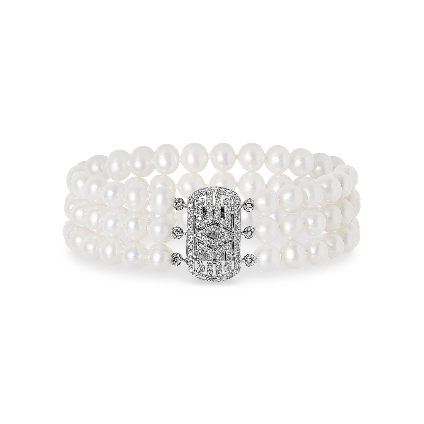 Stella triple strand cultured freshwater pearl bracelet with art deco style pave clasp