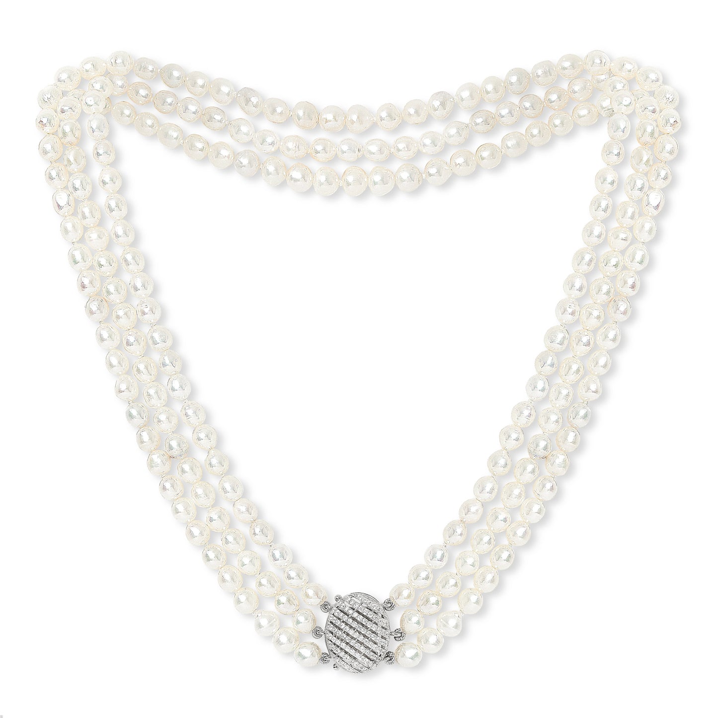 Stella triple strand cultured freshwater pearl necklace with vintage style oval pave clasp